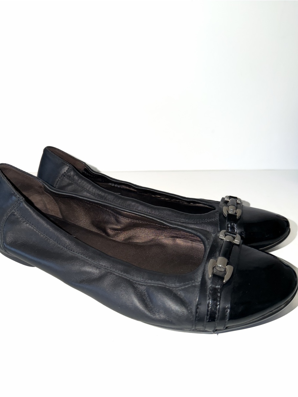 AGL Black Ballet Flats Patent Cap Toe Black Leather Pewter Buckle Women Sz 41/10 - Picture 5 of 12